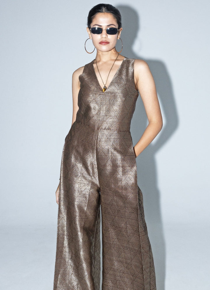 Gold Brown Silk Handwoven Jumpsuit Sobariko - Fabilicious Fashion