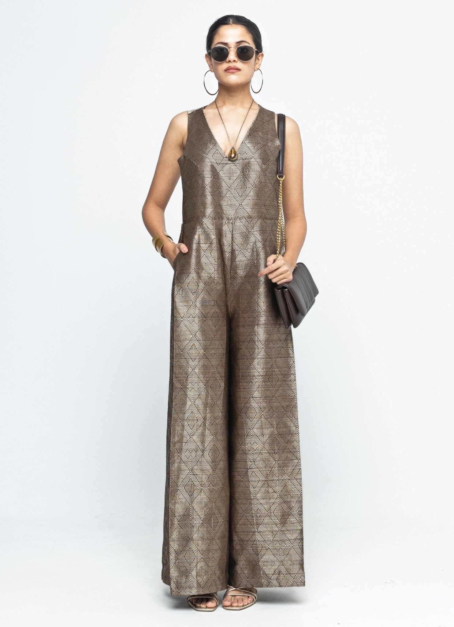 gold brown silk indowestern jumpsuit wedding guest outfit