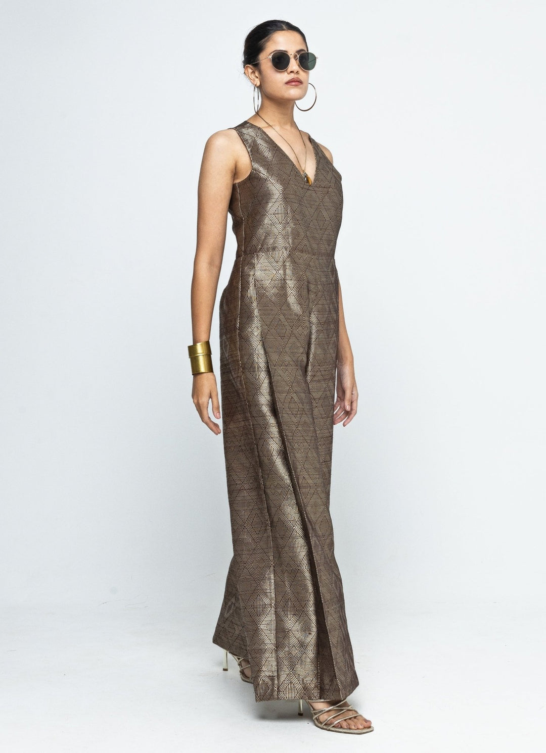 Gold Brown Silk Handwoven Jumpsuit Sobariko - Fabilicious Fashion