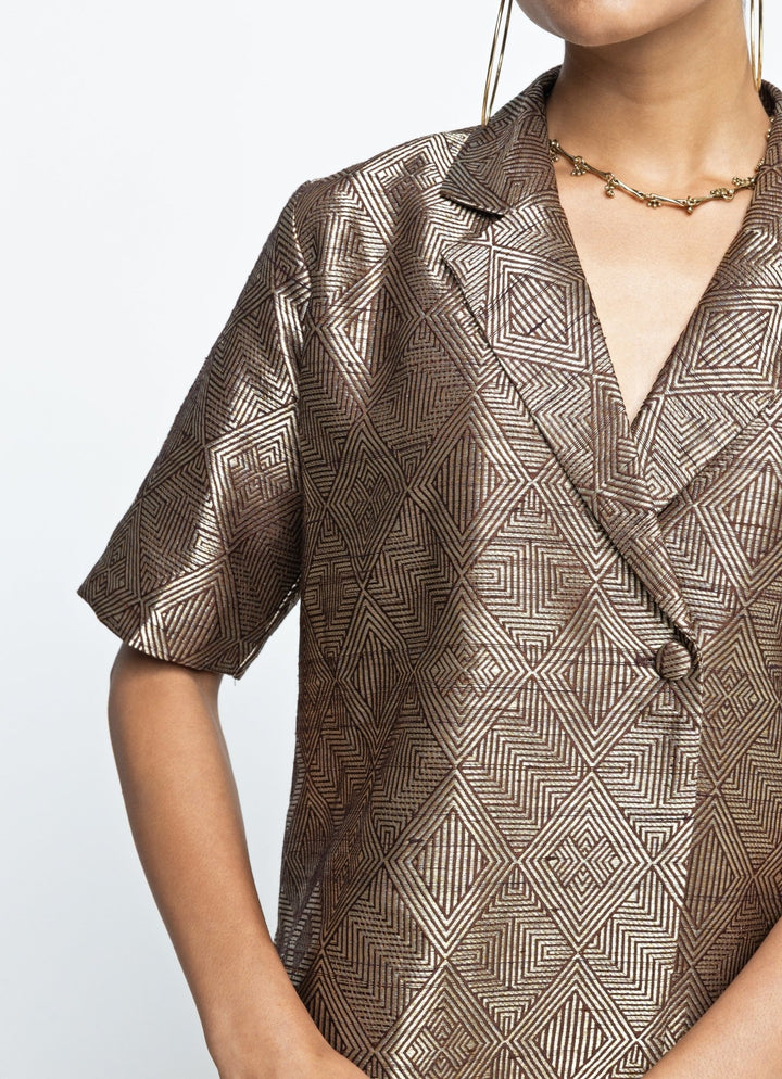 Gold Brown Silk Handwoven Wrap Blazer With Pants Sobariko - Fabilicious Fashion