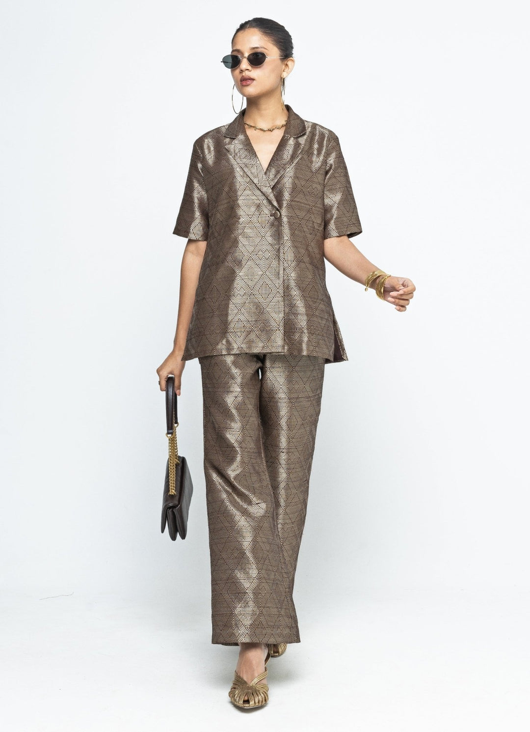 Gold Brown Silk Handwoven Wrap Blazer With Pants Sobariko - Fabilicious Fashion