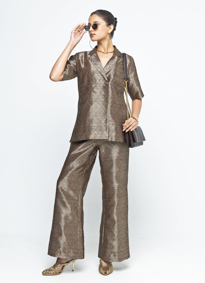Gold Brown Silk Handwoven Wrap Blazer With Pants Sobariko - Fabilicious Fashion
