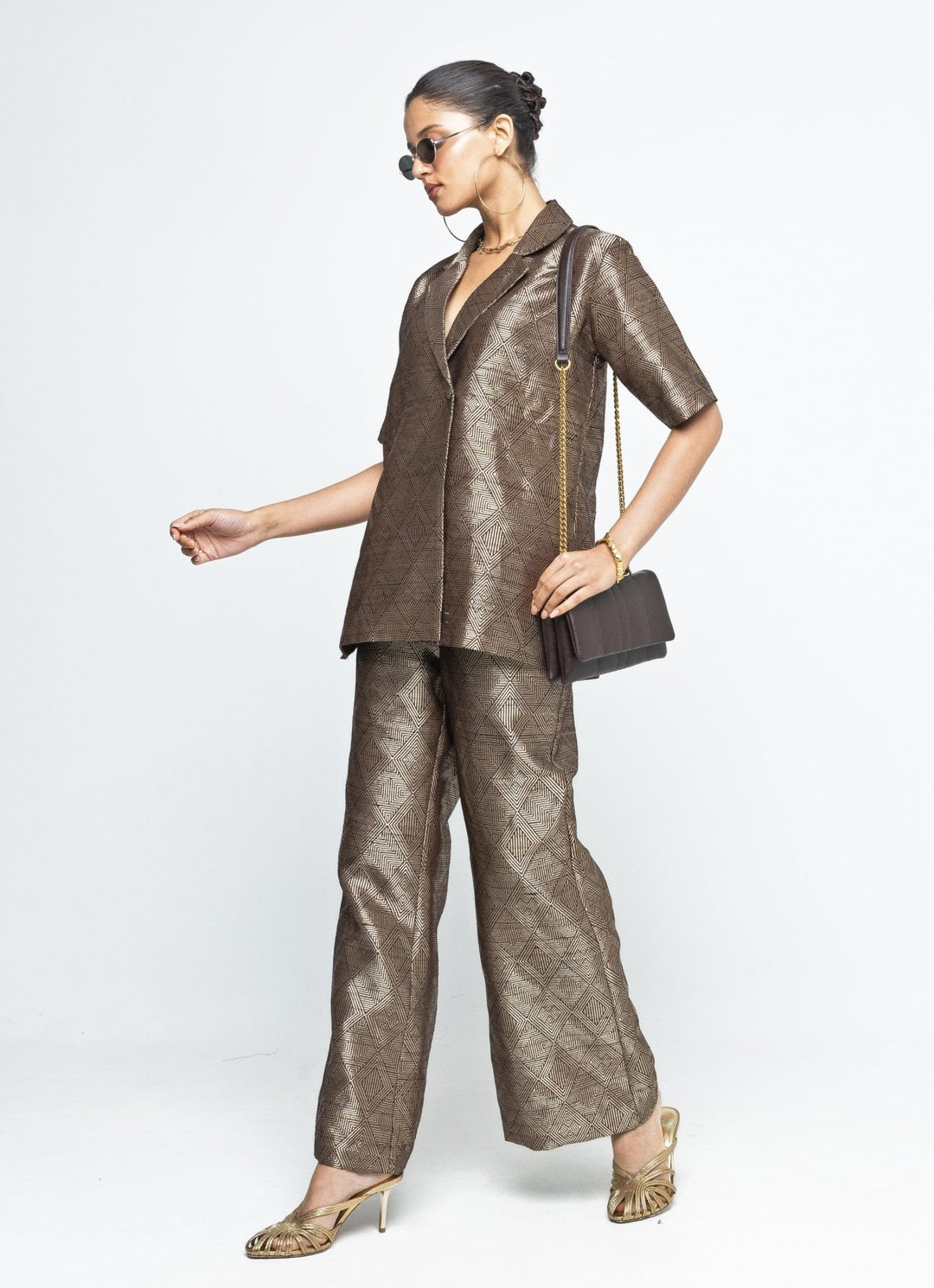 Gold Brown Silk Handwoven Wrap Blazer With Pants Sobariko - Fabilicious Fashion