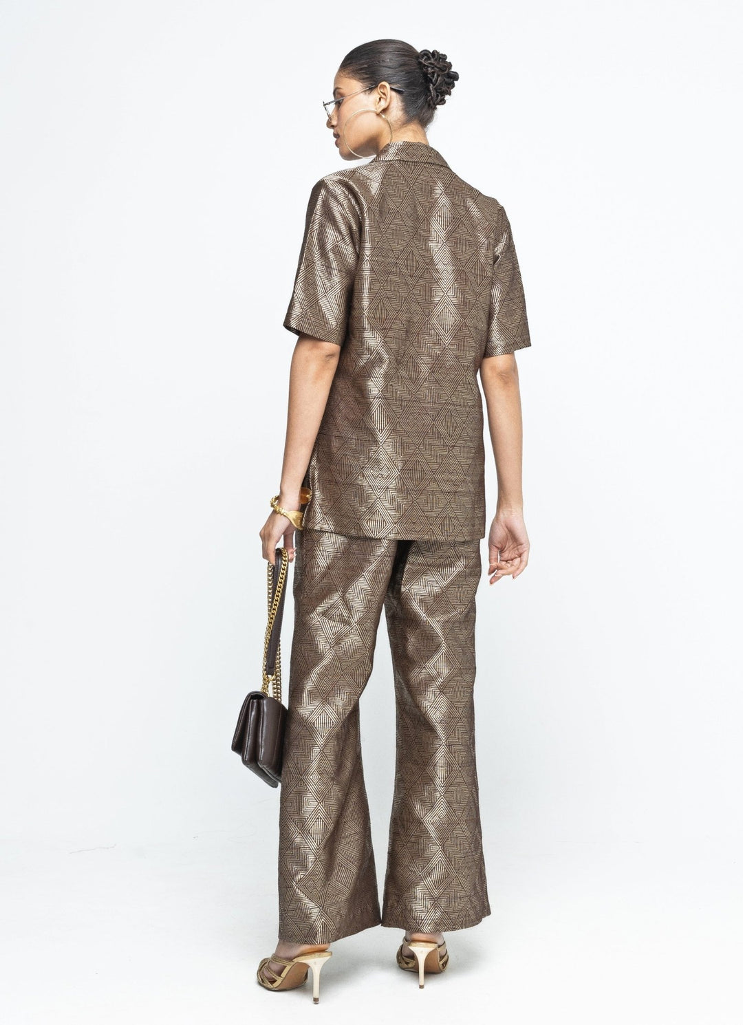 Gold Brown Silk Handwoven Wrap Blazer With Pants Sobariko - Fabilicious Fashion