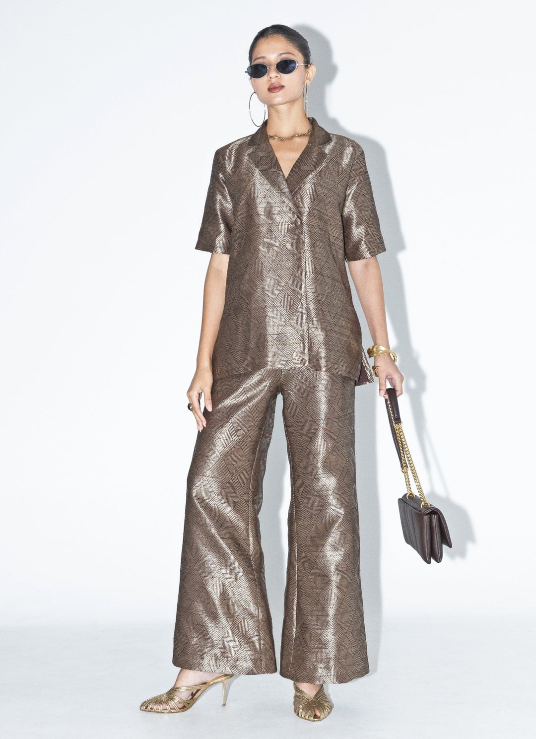 Gold Brown Silk Handwoven Wrap Blazer With Pants Sobariko - Fabilicious Fashion