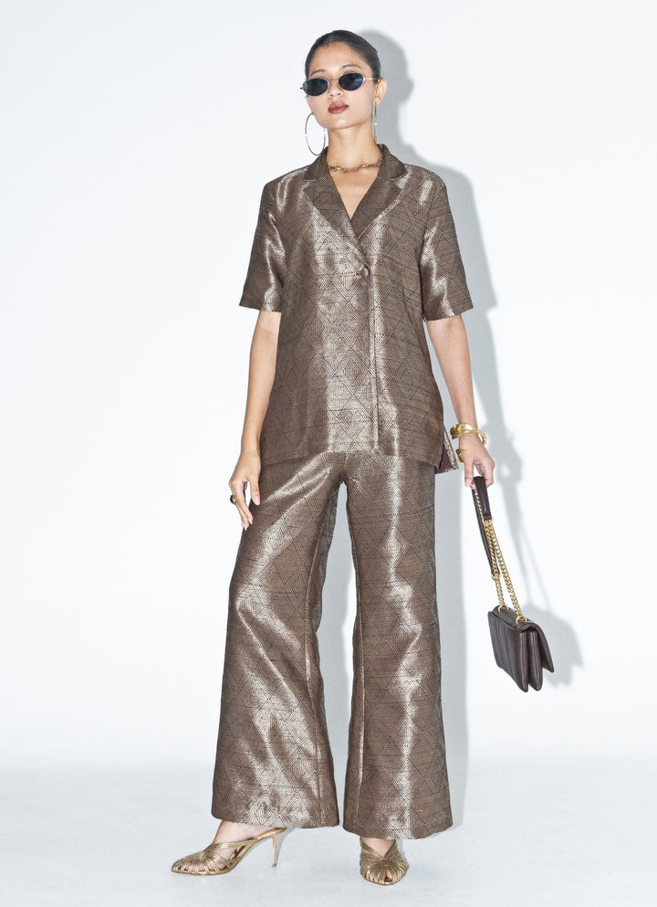 Gold Brown Silk Handwoven Wrap Blazer With Pants Sobariko - Fabilicious Fashion