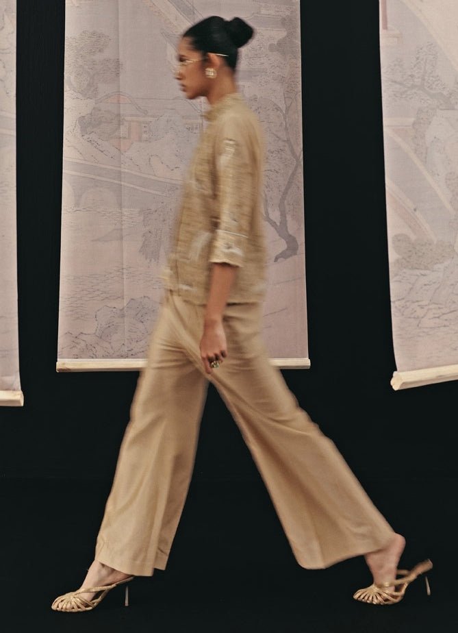 Gold Chanderi Silk Blazer And Palazzo Set Twenty Nine - Fabilicious Fashion