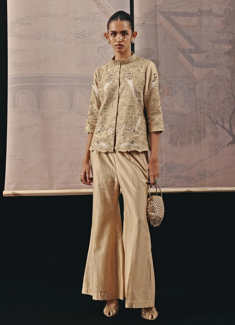 Gold Chanderi Silk Blazer And Palazzo Set Twenty Nine - Fabilicious Fashion