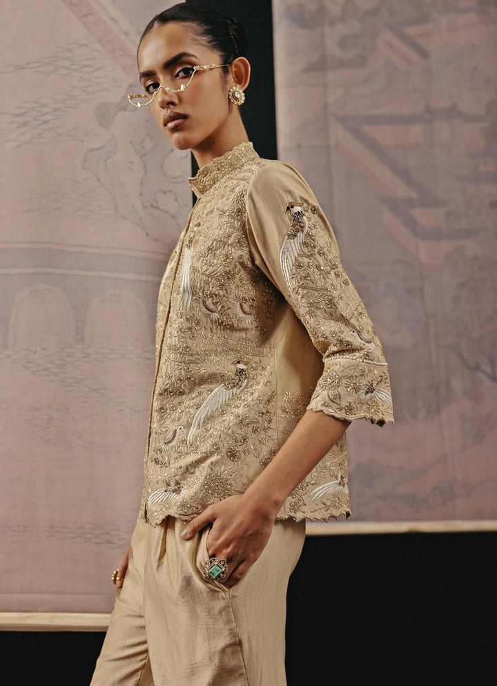 Gold Chanderi Silk Blazer And Palazzo Set Twenty Nine - Fabilicious Fashion