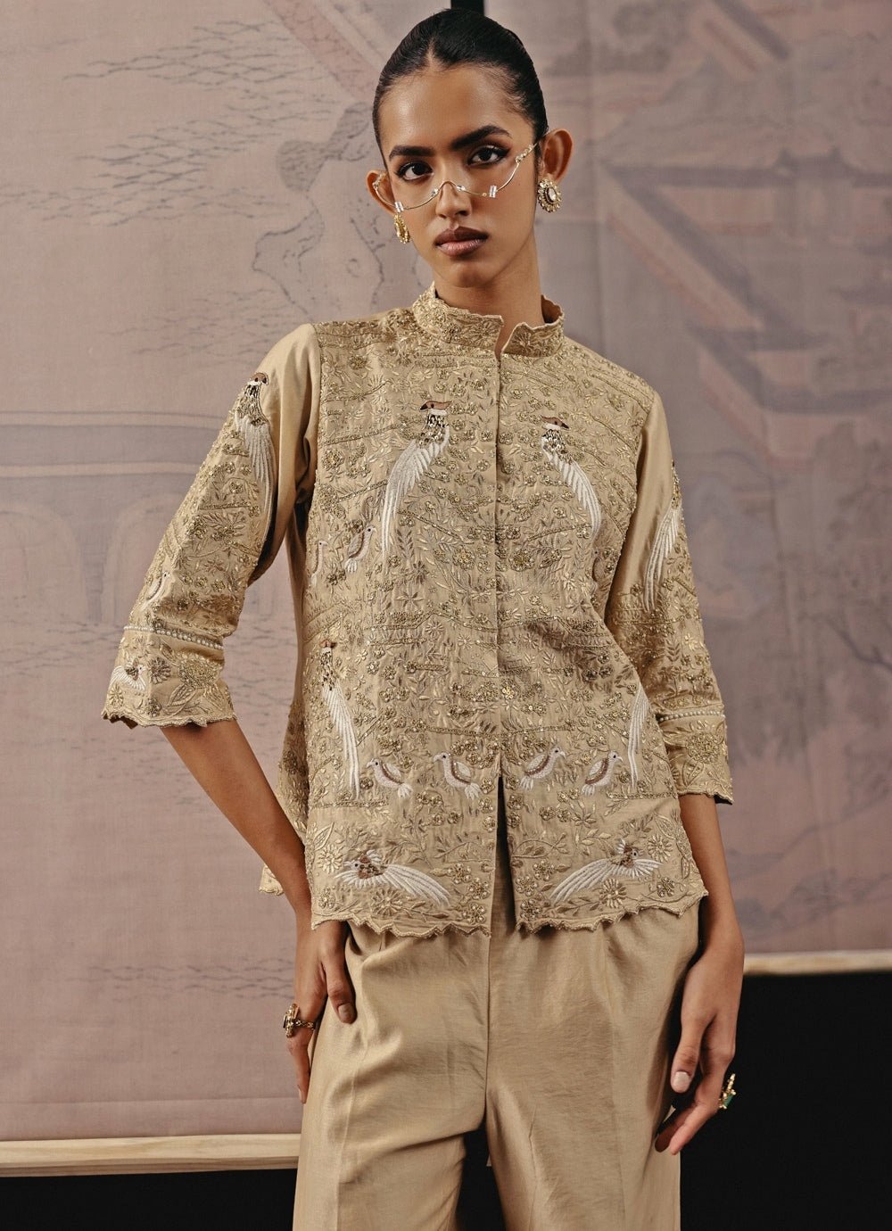 Gold Chanderi Silk Blazer And Palazzo Set Twenty Nine - Fabilicious Fashion