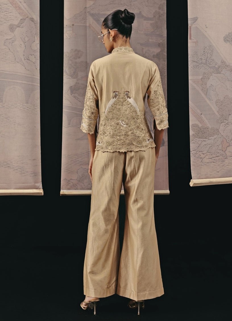 Gold Chanderi Silk Blazer And Palazzo Set Twenty Nine - Fabilicious Fashion