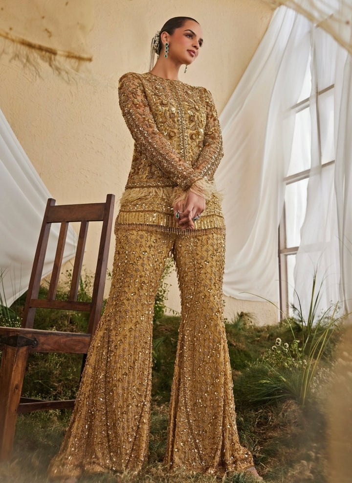 Mani Bhatia Gold Chiffon Kurta Sharara Set With JacketFabilicious Fashion