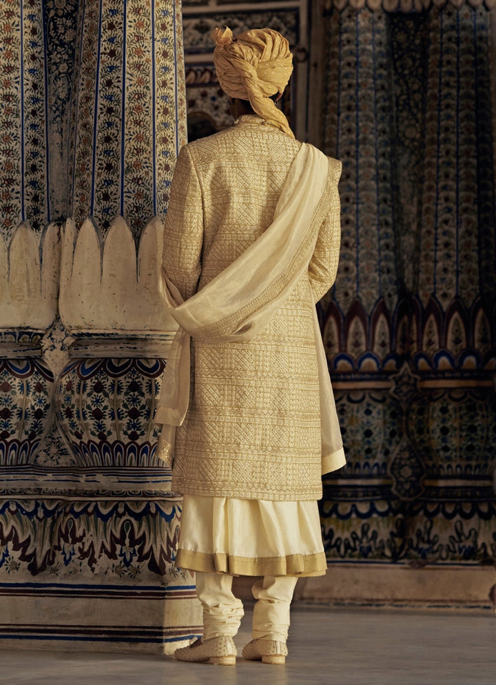 Gold Colour Embroidered Banarasi Sherwani Nitika Gujral - Men - Fabilicious Fashion