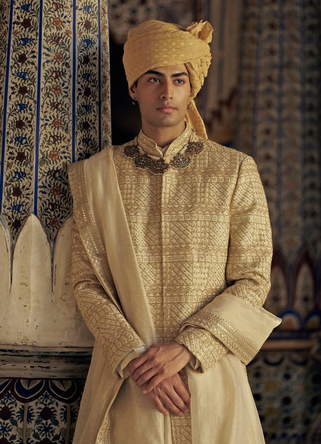 Gold Colour Embroidered Banarasi Sherwani Nitika Gujral - Men - Fabilicious Fashion
