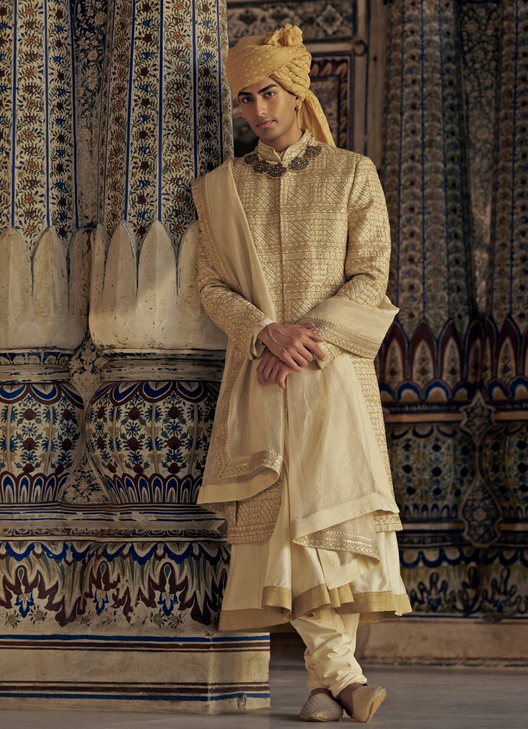 Gold Colour Embroidered Banarasi Sherwani Nitika Gujral - Men - Fabilicious Fashion