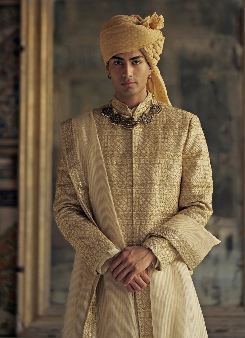 Gold Colour Embroidered Banarasi Sherwani Nitika Gujral - Men - Fabilicious Fashion
