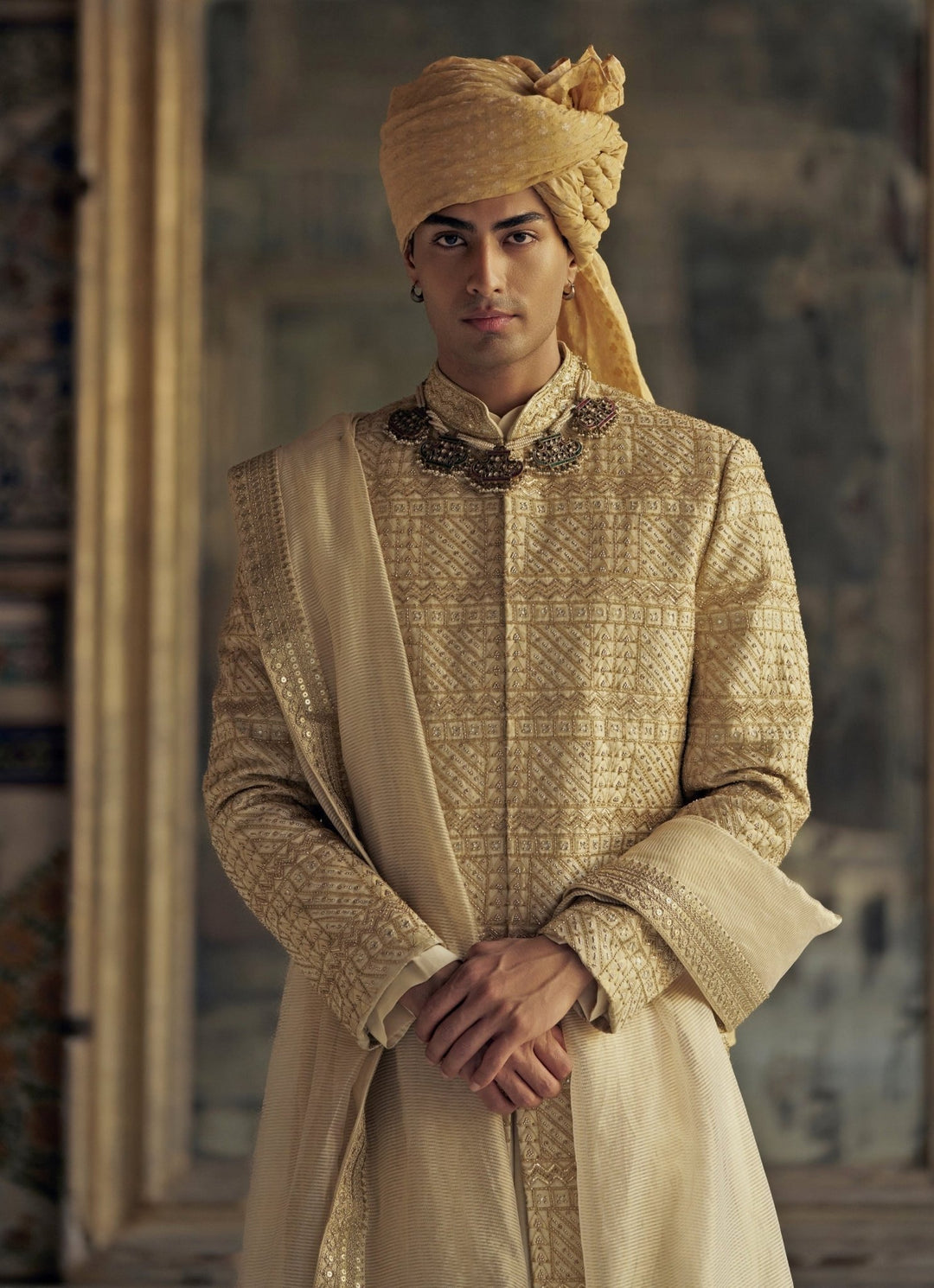 Gold Colour Embroidered Banarasi Sherwani Nitika Gujral - Men - Fabilicious Fashion