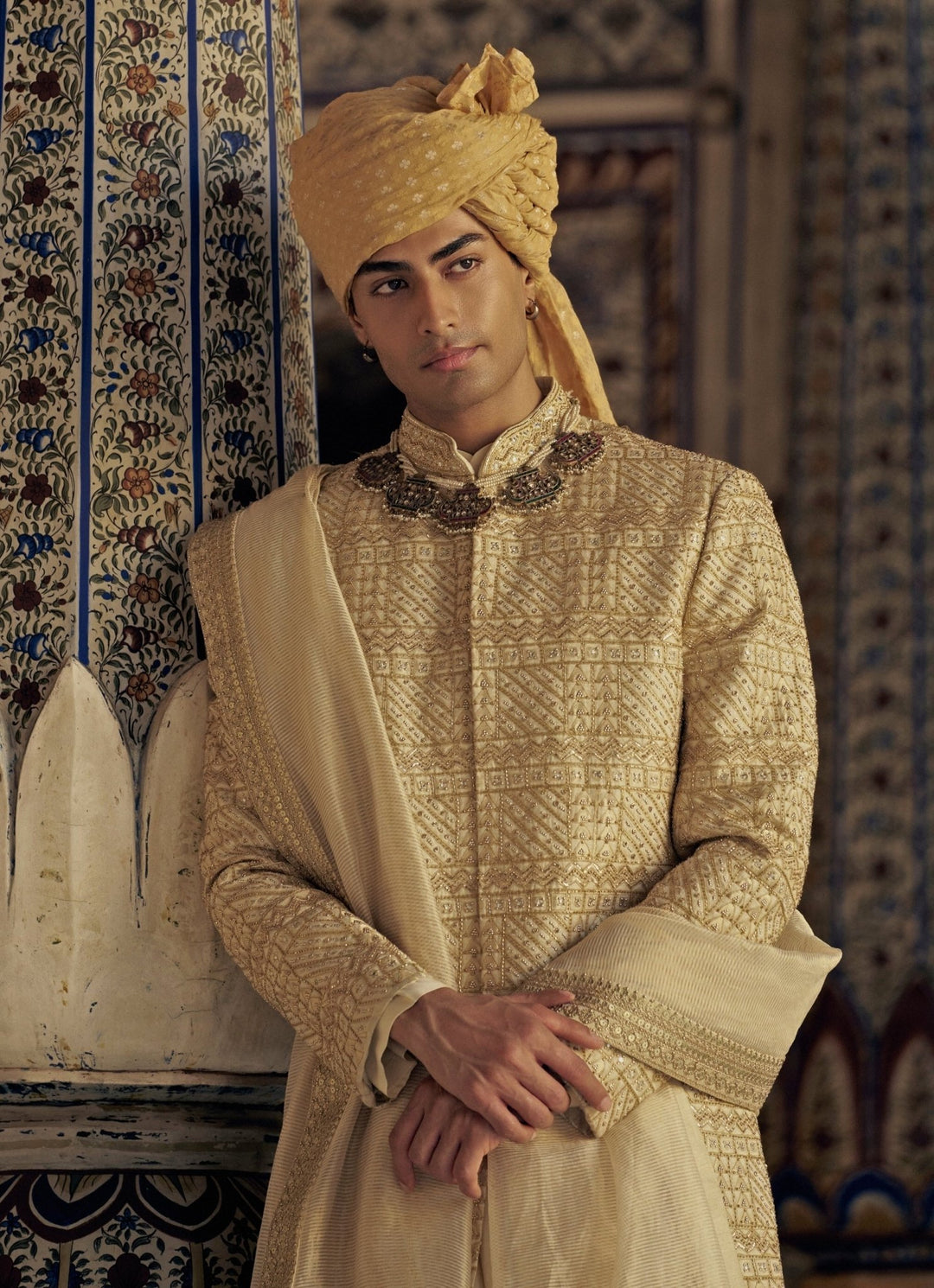 Gold Colour Embroidered Banarasi Sherwani Nitika Gujral - Men - Fabilicious Fashion