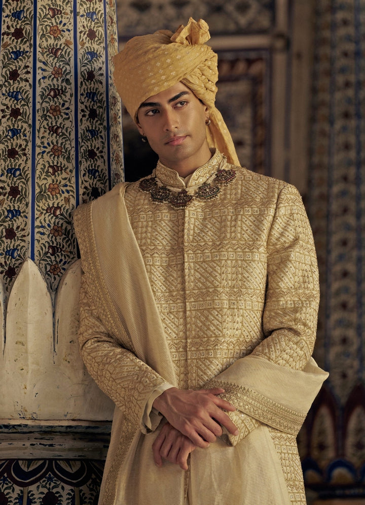 Gold Colour Embroidered Banarasi Sherwani Nitika Gujral - Men - Fabilicious Fashion
