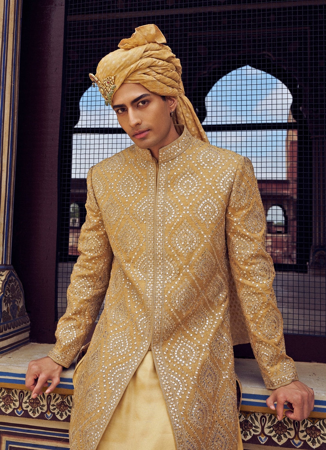Gold Colour Embroidered Sherwani With Dhoti Nitika Gujral - Men - Fabilicious Fashion