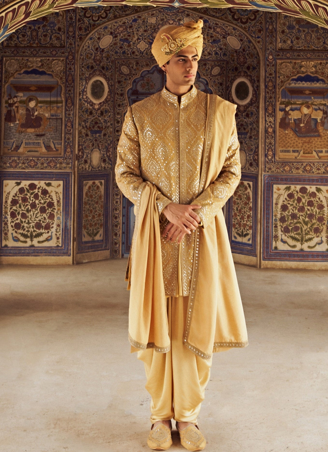 Gold Colour Embroidered Sherwani With Dhoti Nitika Gujral - Men - Fabilicious Fashion