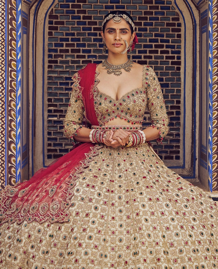 Gold Colour Tissue Embroidered Lehenga Nitika Gujral - Fabilicious Fashion