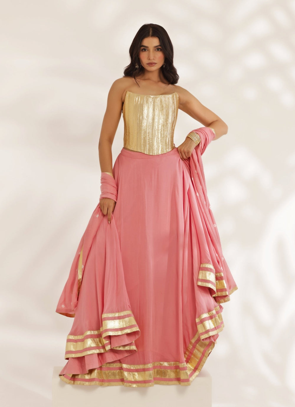 Gold Corset With Coral Peach Lehenga Set Manisha Soni - Fabilicious Fashion