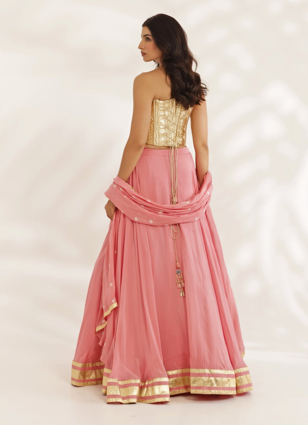 Gold Corset With Coral Peach Lehenga Set Manisha Soni - Fabilicious Fashion