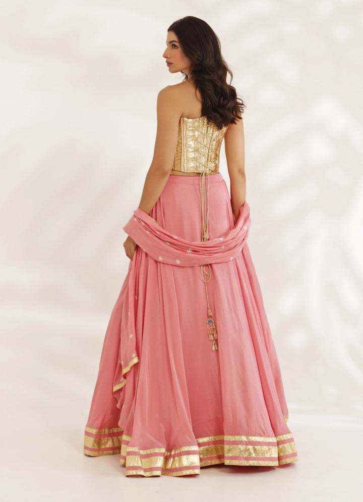 Gold Corset With Coral Peach Lehenga Set Manisha Soni - Fabilicious Fashion