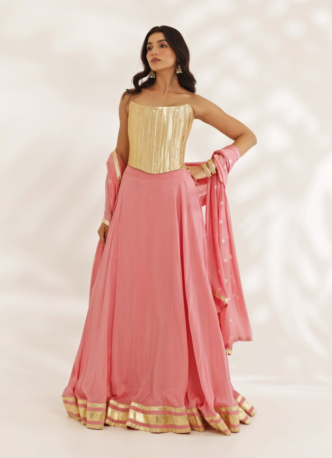Gold Corset With Coral Peach Lehenga Set Manisha Soni - Fabilicious Fashion