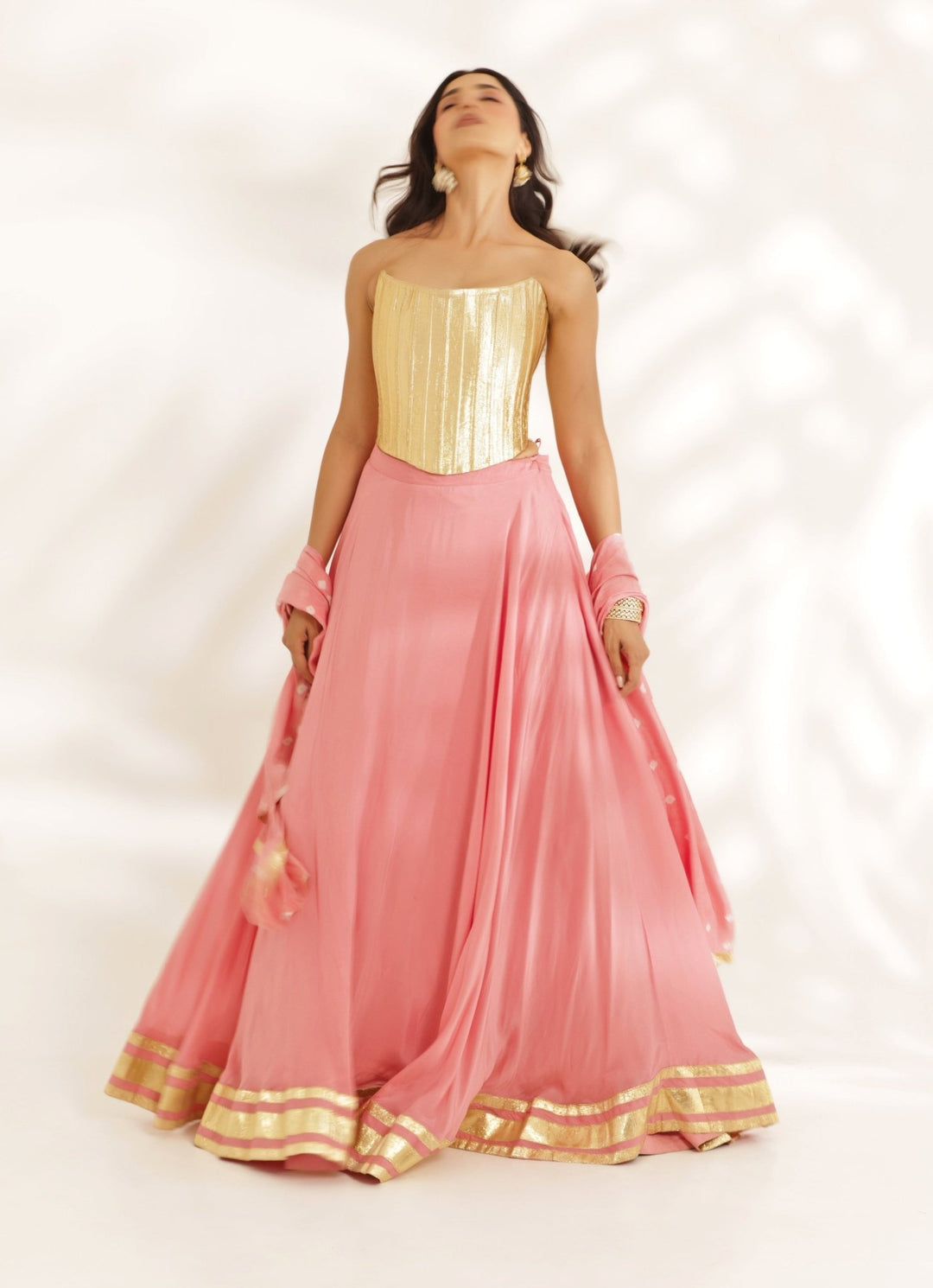 Gold Corset With Coral Peach Lehenga Set Manisha Soni - Fabilicious Fashion