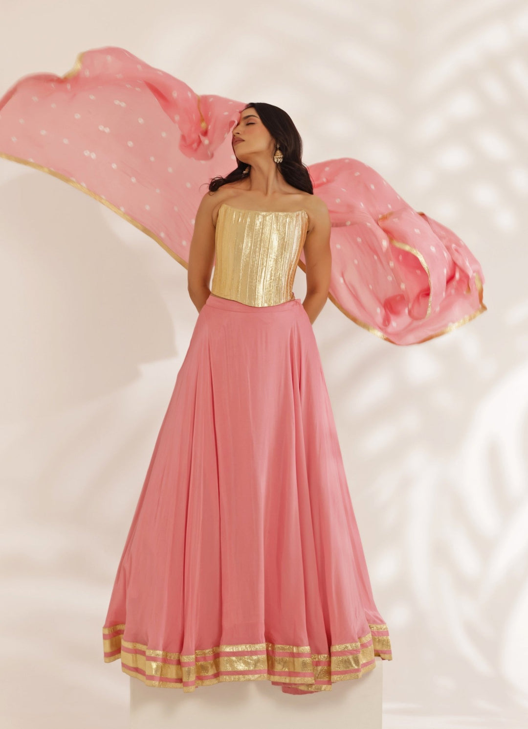Gold Corset With Coral Peach Lehenga Set Manisha Soni - Fabilicious Fashion
