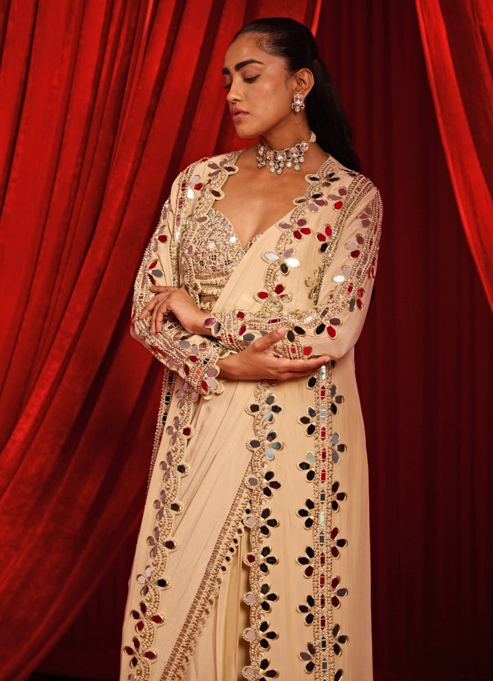 Gold Crepe Pre - Draped Saree With Mirror Cape Nidhika Shekhar - Fabilicious Fashion