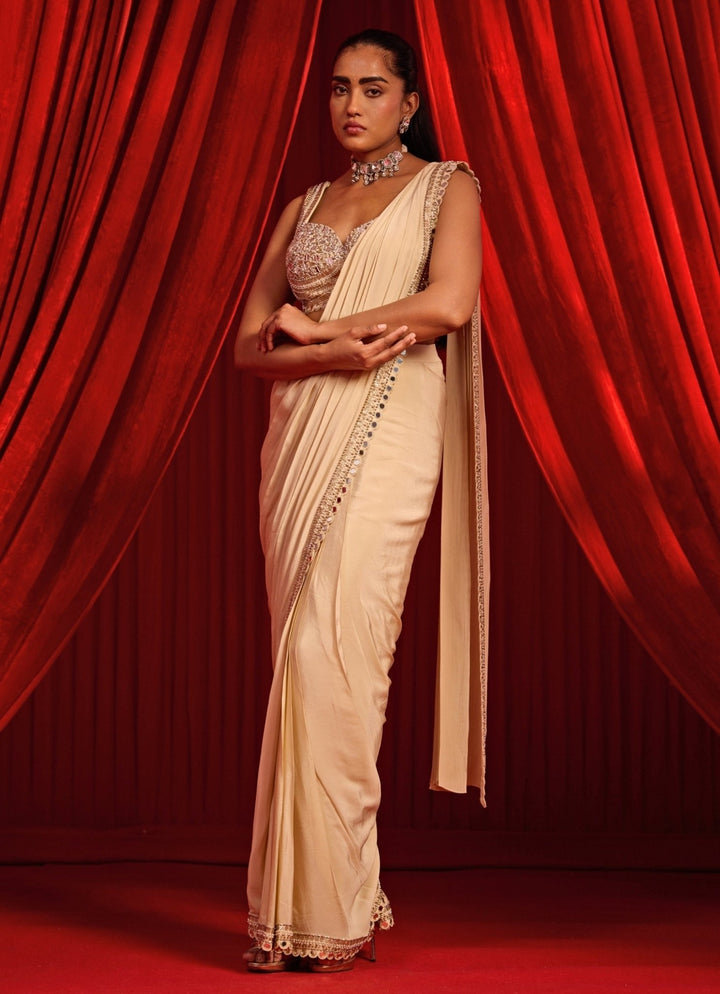 Gold Crepe Pre - Draped Saree With Mirror Cape Nidhika Shekhar - Fabilicious Fashion