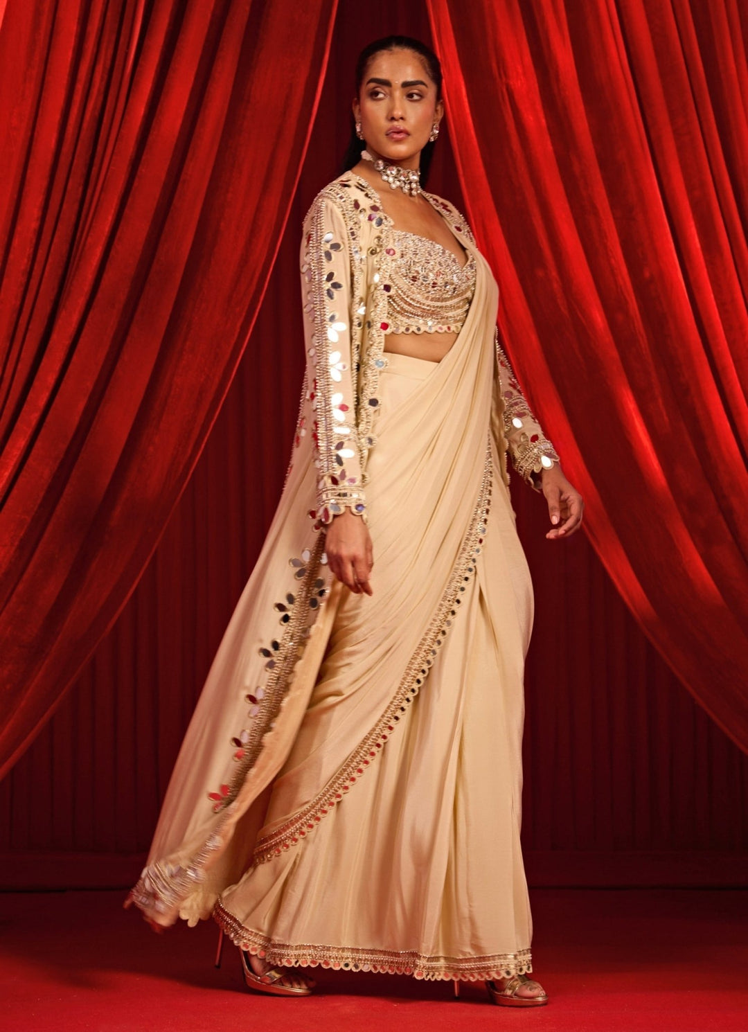 Gold Crepe Pre - Draped Saree With Mirror Cape Nidhika Shekhar - Fabilicious Fashion