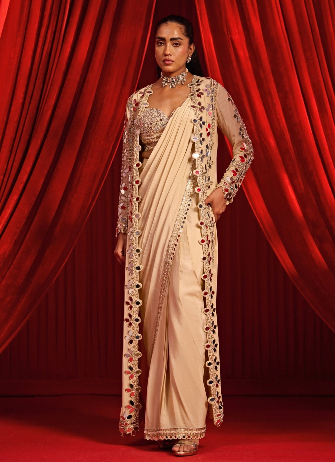 Gold Crepe Pre - Draped Saree With Mirror Cape Nidhika Shekhar - Fabilicious Fashion
