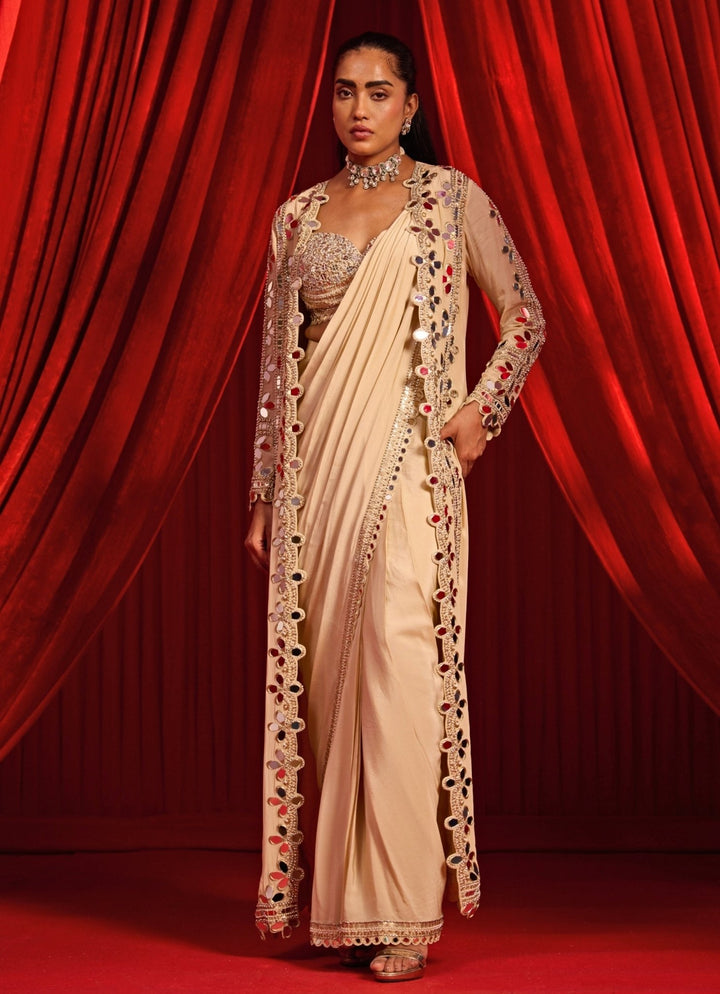 Gold Crepe Pre - Draped Saree With Mirror Cape Nidhika Shekhar - Fabilicious Fashion