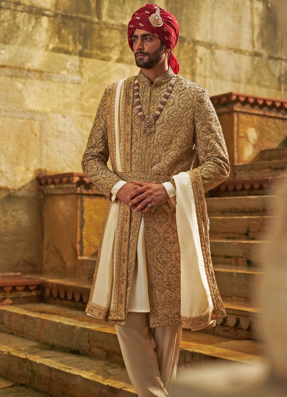 Gold Dupion Silk Sherwani Set Nitika Gujral - Men - Fabilicious Fashion
