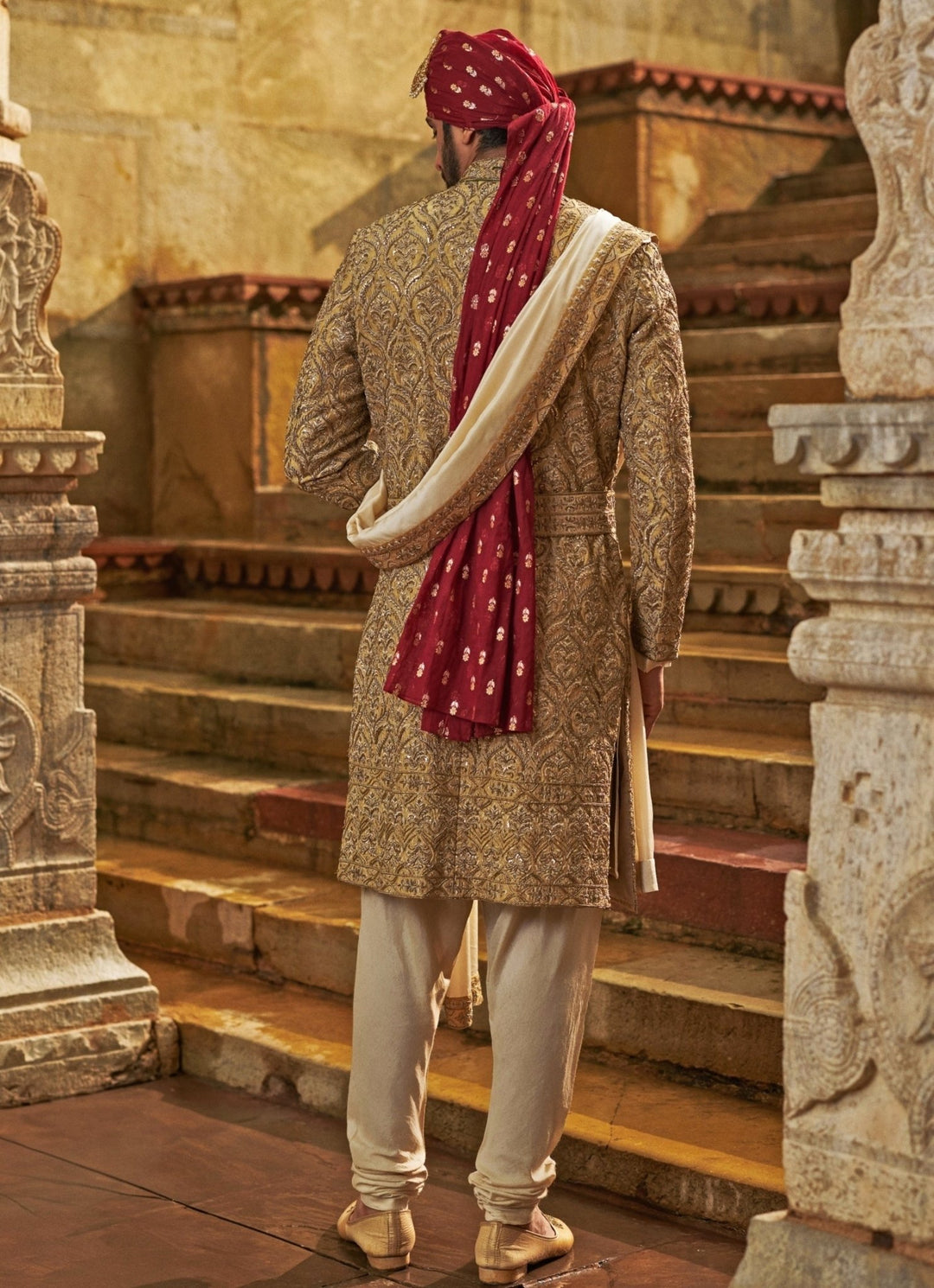 Gold Dupion Silk Sherwani Set Nitika Gujral - Men - Fabilicious Fashion