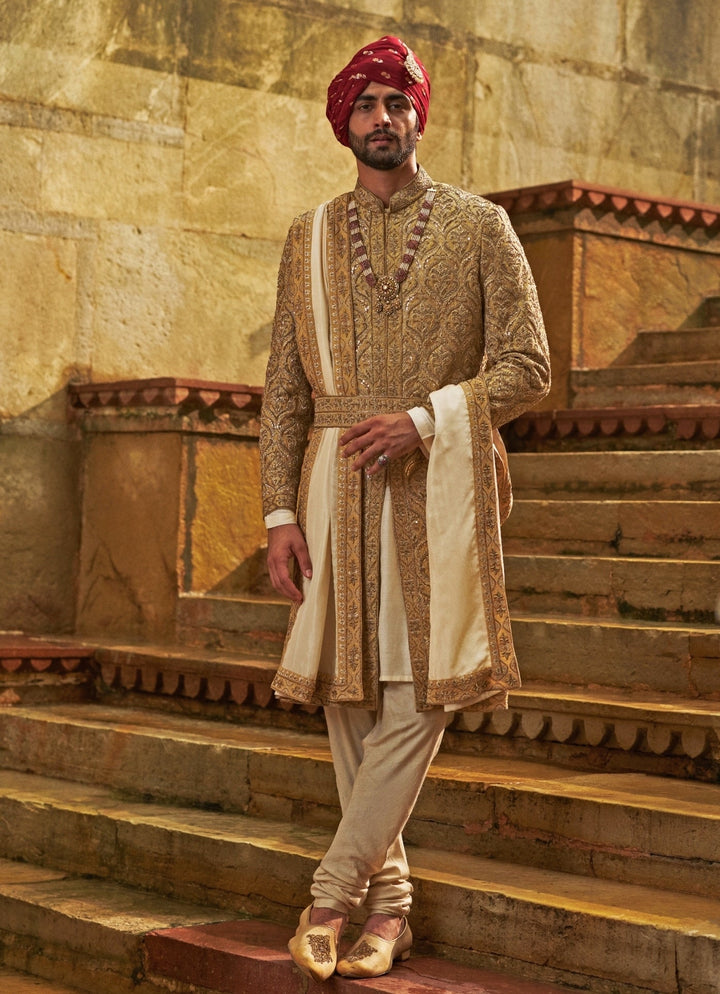 Gold Dupion Silk Sherwani Set Nitika Gujral - Men - Fabilicious Fashion
