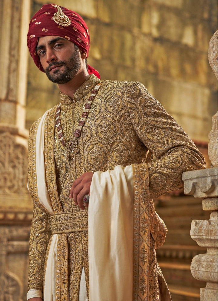 Gold Dupion Silk Sherwani Set Nitika Gujral - Men - Fabilicious Fashion