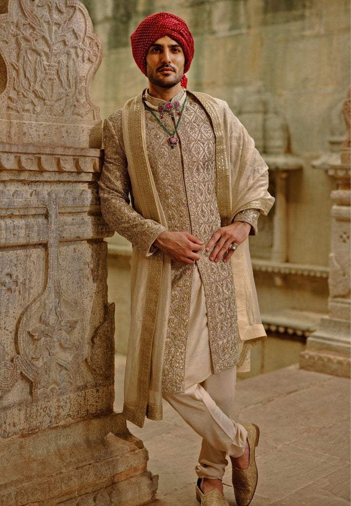 Gold Embroidered Brocade Sherwani Set Nitika Gujral - Men - Fabilicious Fashion