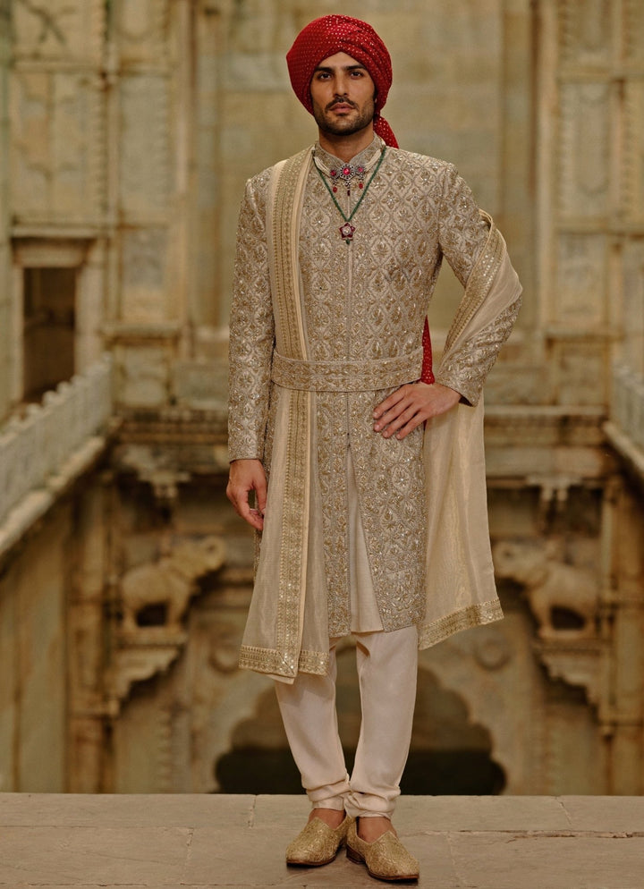 Gold Embroidered Brocade Sherwani Set Nitika Gujral - Men - Fabilicious Fashion
