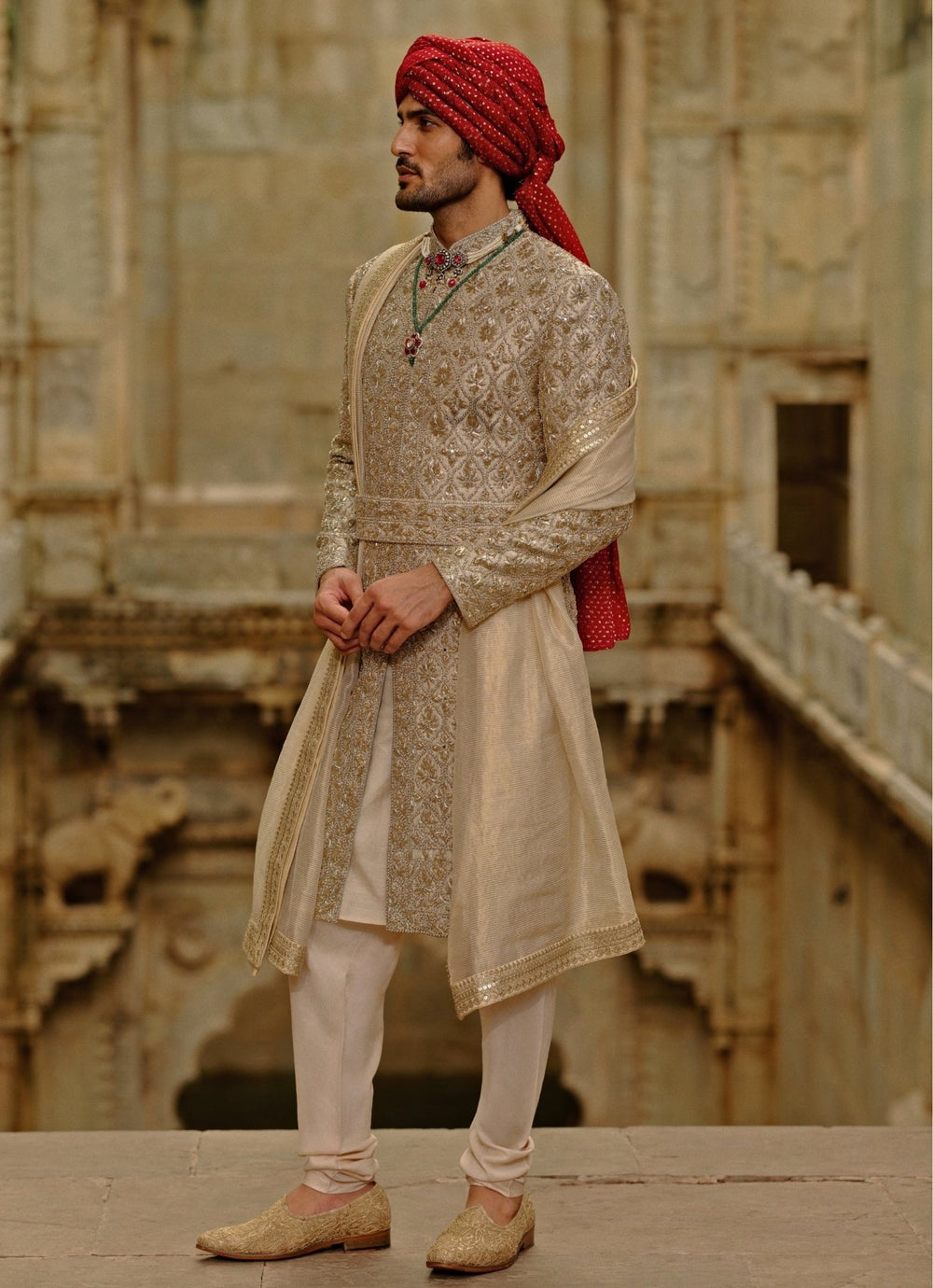 Gold Embroidered Brocade Sherwani Set Nitika Gujral - Men - Fabilicious Fashion
