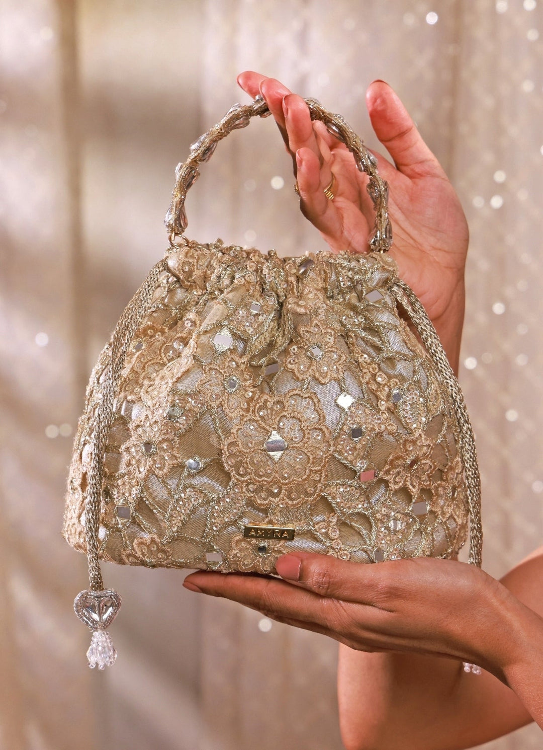 Amyra Gold Embroidered Cutwork Bucket BagFabilicious Fashion