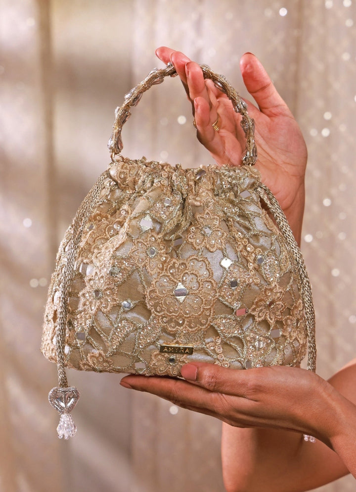 Amyra Gold Embroidered Cutwork Bucket BagFabilicious Fashion
