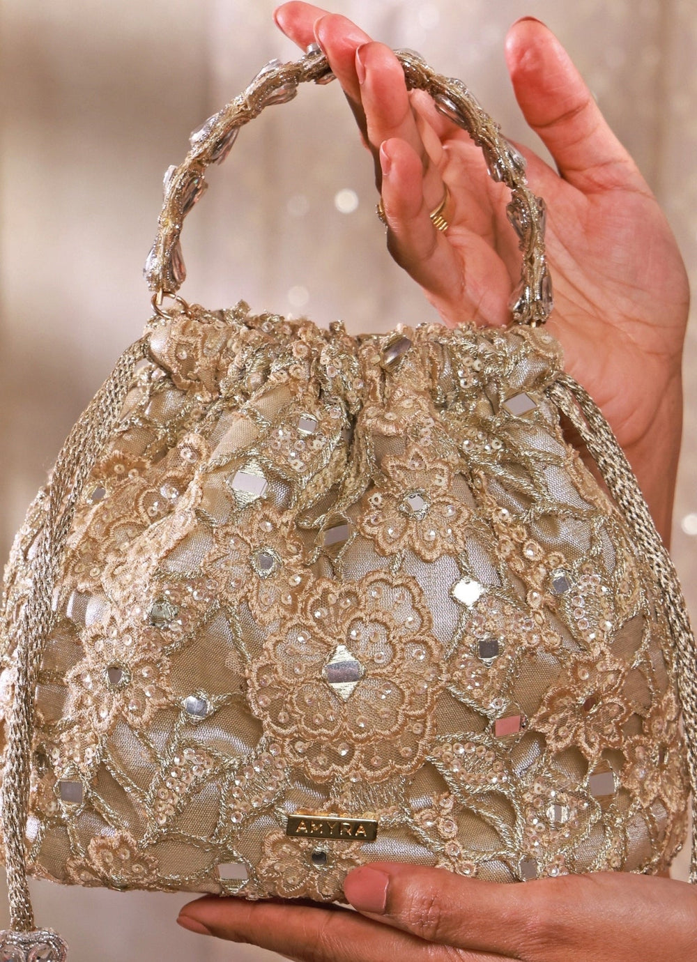 Amyra Gold Embroidered Cutwork Bucket BagFabilicious Fashion