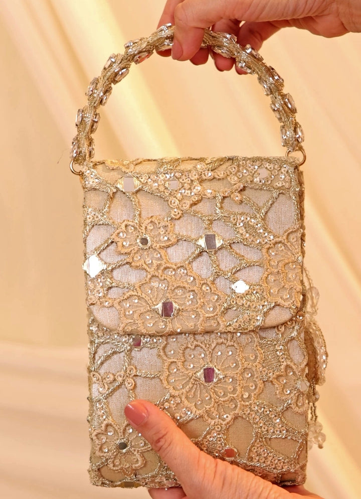 Amyra Gold Embroidered Cutwork Mobile BagFabilicious Fashion
