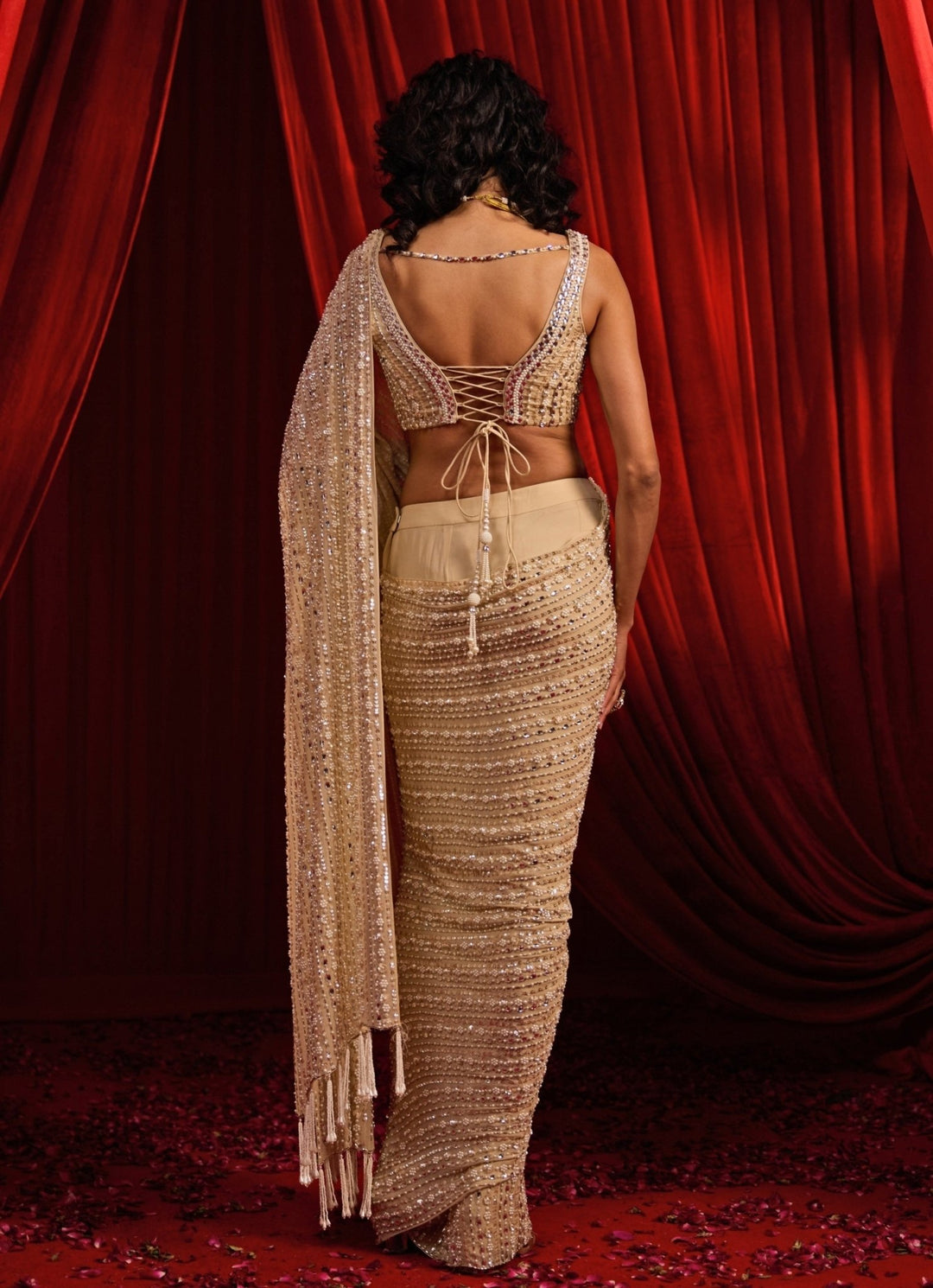 Gold Embroidered Georgette Pre - Draped Saree Nidhika Shekhar - Fabilicious Fashion