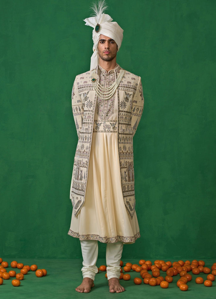 Gold Embroidered Georgette Sherwani Set Kalpraag - Fabilicious Fashion
